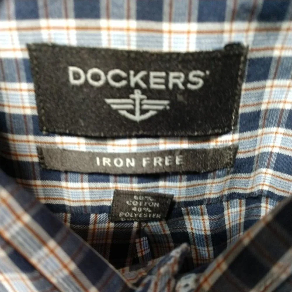 Dockers Shirt Men's Size M Blue White Gold Plaid Button Up Long Sleeve
